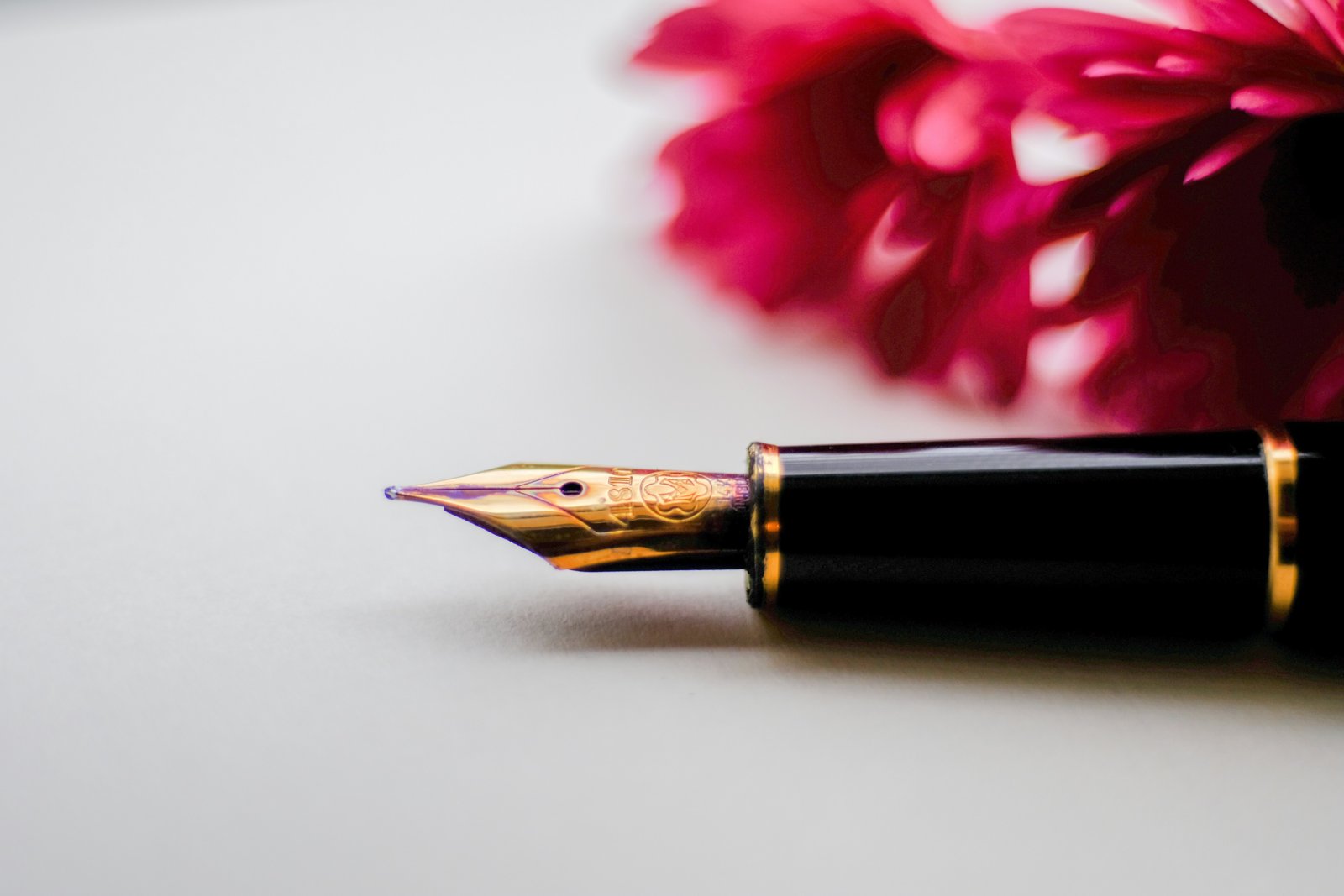 Caneta tinteiro sobre fundo claro, com flor rosa ao fundo