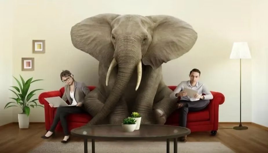 Elefante gigante sentado em um sofá vermelho de sala de estar, entre duas pessoas mexendo em laptop e tablet