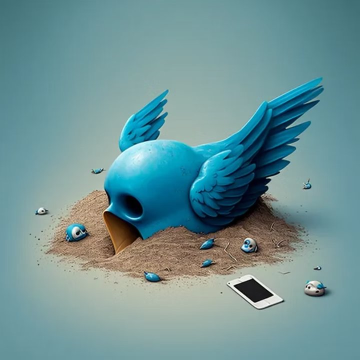 Ilustração do pássaro do antigo Twitter, estilizado como um crânio alado enterrado na areia