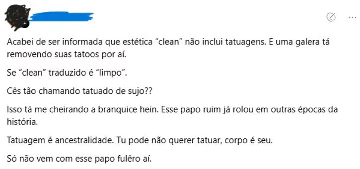 Post no Threads sobre estética 'clean' não incluir tatuagens, e sobre tatuagem ser ancestralidade