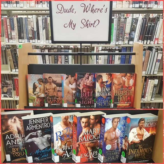 Outro display de biblioteca com o mesmo cartaz 'Dude, Where's My Shirt?'