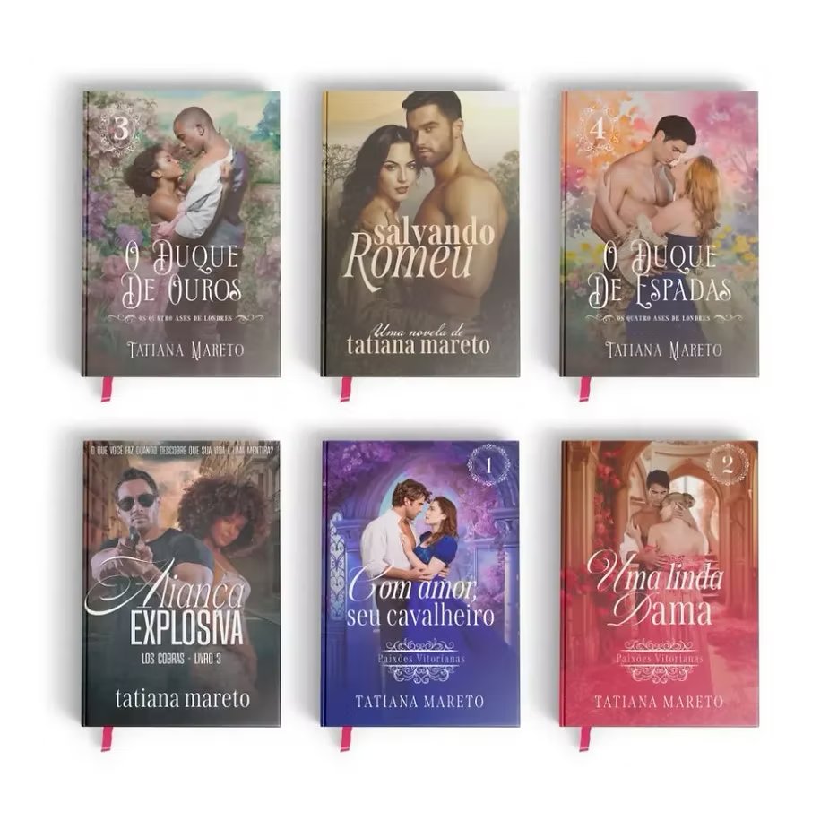 Grade com seis capas de livros de Tatiana Mareto